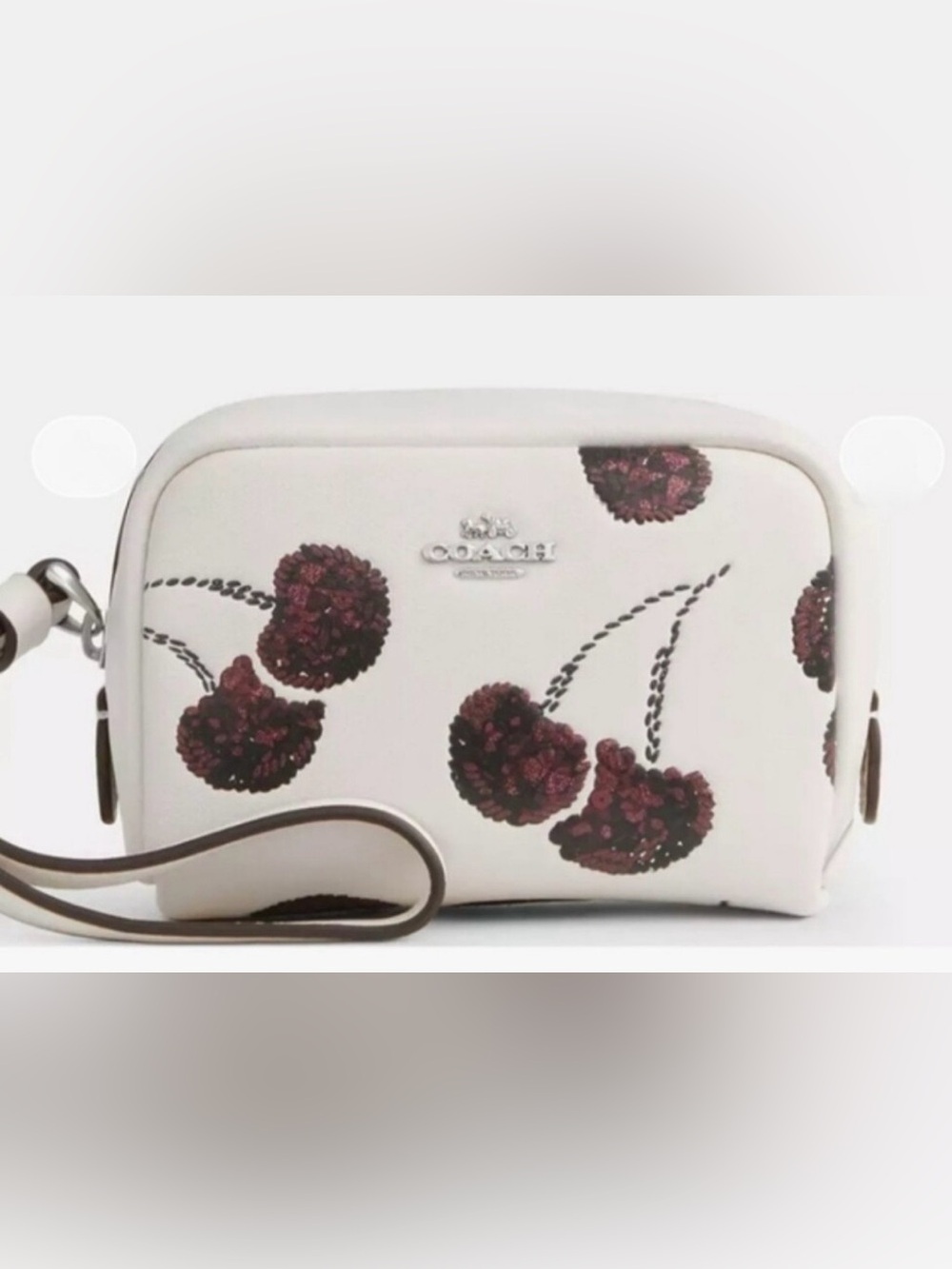 NWT Coach Chalk Leather Wristlet with Sequined Cherry Print